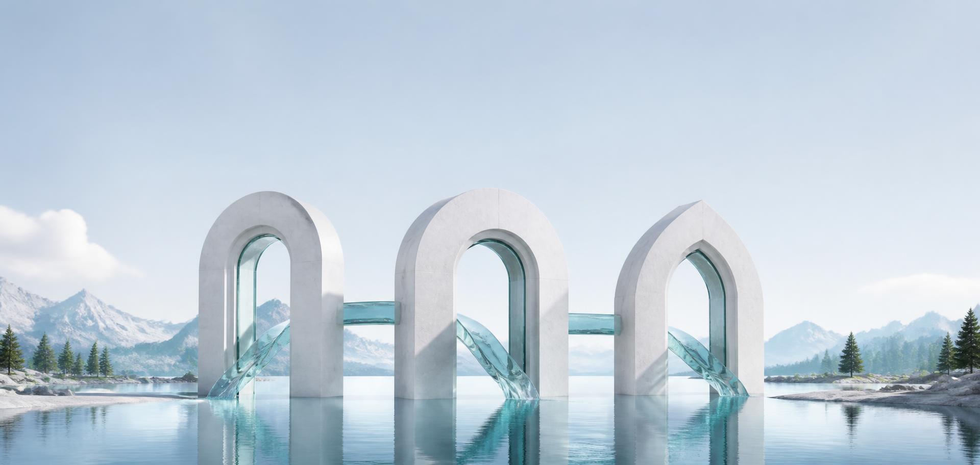 Tre arkitektoniska valv som symboliserar Arsivos tre nivåer